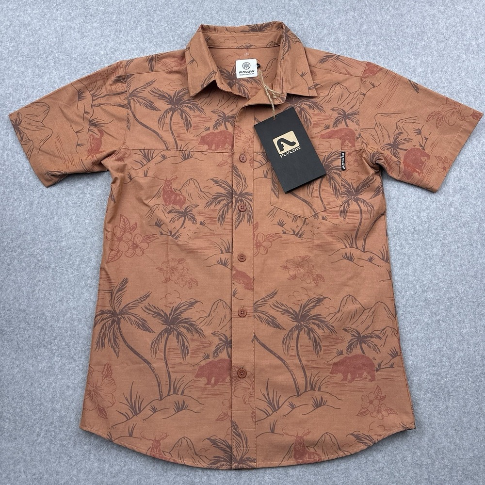 NEW Flylow Wild Child Shirt Men's Small Sunkissed Orange Hawaiian Stretch Resort